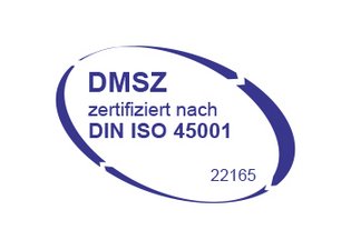 DMSZ-Logo mit Zertifizierung für Arbeits-/Gesundheitsschutz nach DIN ISO 45001 mit der Nummer 22165