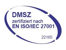 Zertifikat-Logo DMSZ für Informationssicherheitsmanagement , zertifiziert nach EN ISO/IEC 27001 mit der Nummer 22165.