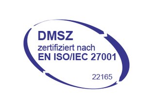 Zertifikat-Logo DMSZ für Informationssicherheitsmanagement , zertifiziert nach EN ISO/IEC 27001 mit der Nummer 22165.